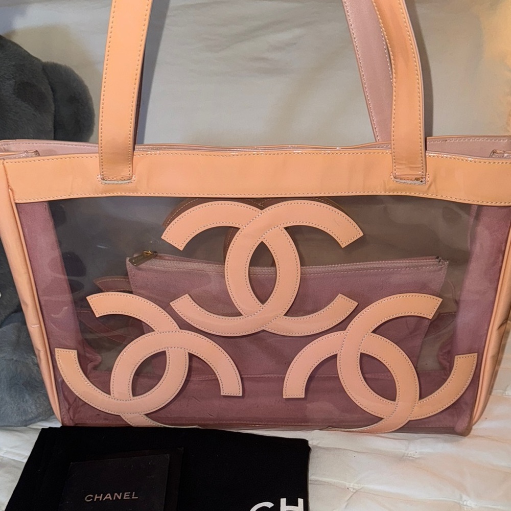 Chanel Pink Transparent Tote with Iconic CC Logos Vintage 90s XL Peachy Pink - Picture 4 of 7